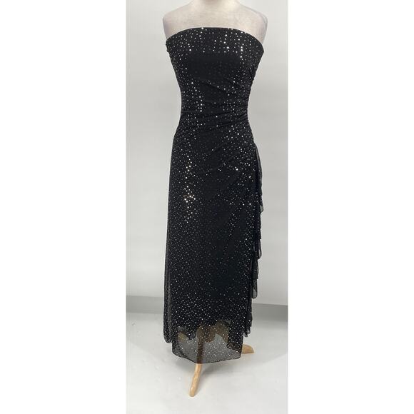 Vintage 90s Y2k City Triangles Strapless Gown Sequined Gathered Black Silver 6/8 - Picture 2 of 9